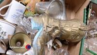 2 x boxes of glassware & ornaments including brass boot and pewter tankards - 2