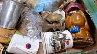 2 x boxes of glassware & ornaments including brass boot and pewter tankards - 3