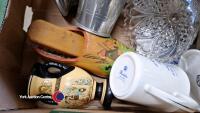 2 x boxes of glassware & ornaments including brass boot and pewter tankards - 5