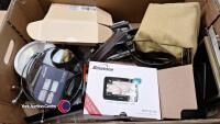 Box of bric a brac, Binatone sat-nav, mirror and cameras including vintage Polaroid Instamatic camera in case