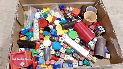 Tray of vintage dice and board game counters etc