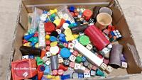 Tray of vintage dice and board game counters etc