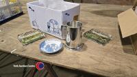 Branded collectables, Theakston Breweries pewter tankard, 2 x 1930s Sutton Seeds glass ashtrays, Willow pattern Schwepps seconds, trinket dish, Enroch Wedgwood (Tunstall) Ltd.