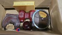 Pair of Art Deco Bakelite Calendox radio desk calendars, 1930s & binoculars, egg cup