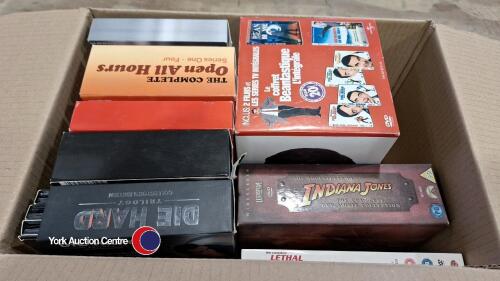 Quantity of DVD box sets including Mr Bean, Indiana Jones, Die Hard, Lethal Weapon, Jonny English, Bourne and Open all Hours