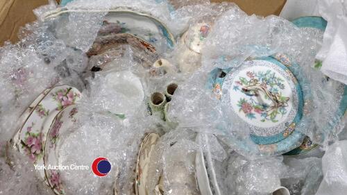 Various ceramics including Staffordshire Chelsea Pink Blossom square platter (cracked), 3 x side plates, cup & saucer. Felspar porcelain hand painted blue/pink floral with a bird: 8 x breakfast plates, side plate ,. 2 x wide open bowls (numbered on back)