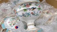 Various ceramics including Staffordshire Chelsea Pink Blossom square platter (cracked), 3 x side plates, cup & saucer. Felspar porcelain hand painted blue/pink floral with a bird: 8 x breakfast plates, side plate ,. 2 x wide open bowls (numbered on back) - 2