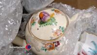 Various ceramics including Staffordshire Chelsea Pink Blossom square platter (cracked), 3 x side plates, cup & saucer. Felspar porcelain hand painted blue/pink floral with a bird: 8 x breakfast plates, side plate ,. 2 x wide open bowls (numbered on back) - 4