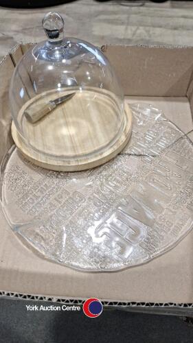 Glass domed wooden cheese plate with matching knife and large glass cheese plate
