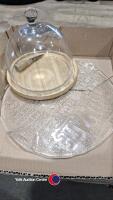 Glass domed wooden cheese plate with matching knife and large glass cheese plate