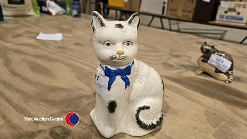 Staffordshire pottery blue and white cat