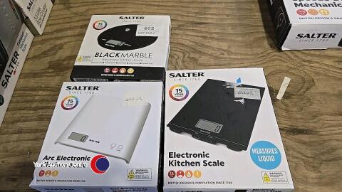 3 x Salter electronic kitchen scales (3 models, batteries required)