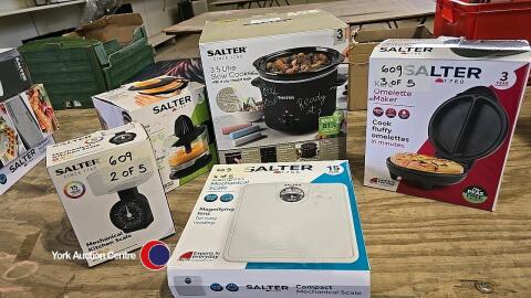 5 x household equipment - power citrus juicer, kitchen scales, slow cooker, omelette maker, bathroom scales.