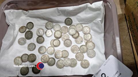 Box with 50 x silver threepenny coins pre 1947