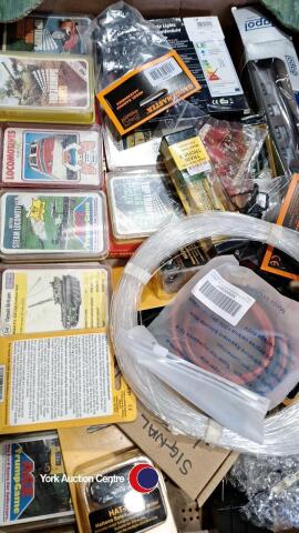 Box of assorted top trump cards & model train items