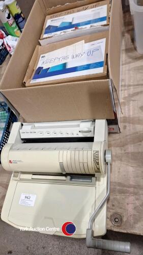 Document wire-binding system – binding machine, 3 incomplete boxes of wires plus box of c.1,000 A4 white cards and a box of about 30 A4 acetates.
