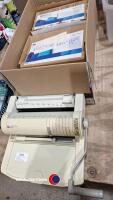 Document wire-binding system – binding machine, 3 incomplete boxes of wires plus box of c.1,000 A4 white cards and a box of about 30 A4 acetates.