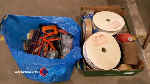 Box & bag of garage tools inc velcro rolls & yarn