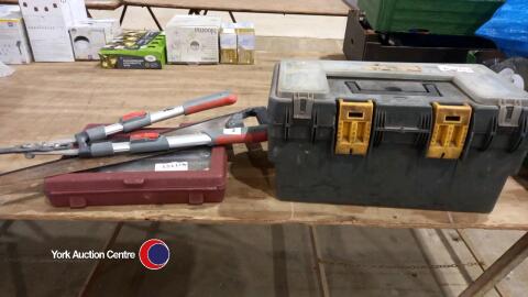 Tool box & contents inc socket set, shears & wood saw