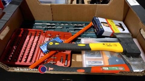 Box with SDS drills, hatchet, bit set, crow bar, stapler and multitool hammer