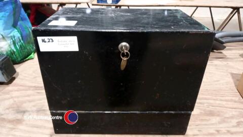 Vintage metal lockable box with key, containing MSA high efficiency dust respiratory and magnifying screen.