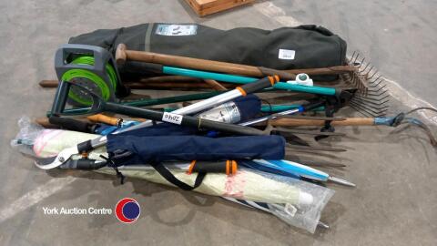 Quantity of garden & garage tools inc folding camping chair and umbrellas