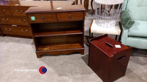 A 2 drawer over 2 open shelf inlaid unit + lidded storage box