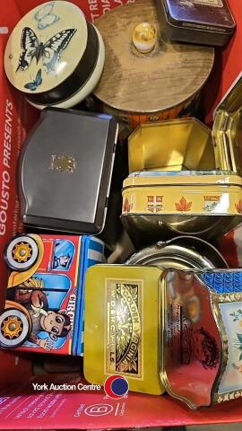 7 Vintage Tins. Including St. Bruno & Golden Virginia tobacco tins, Wrights Biscuits tin, Ringtons' Tea Caddy. Plus 1950's biscuit barrel and 1970's biscuit barrel. Also vintage British Oxygen Company welding goggles, lenses and cleaners in original tin