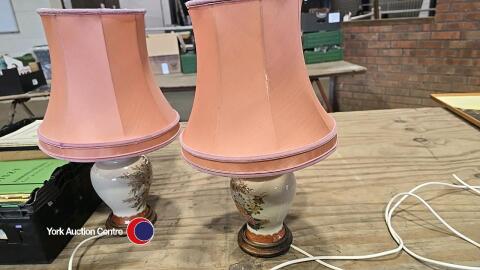 Pair vintage ceramic table lamps with wooden base