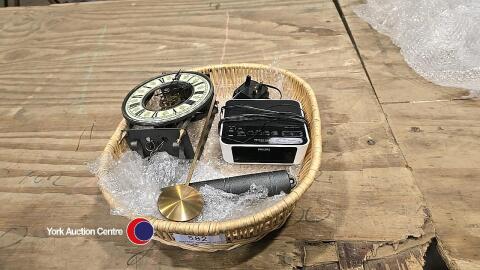 Skeleton pendulum clock and radio alarm clock both in working order