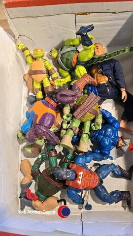 Box of action figures including He-man and turtles