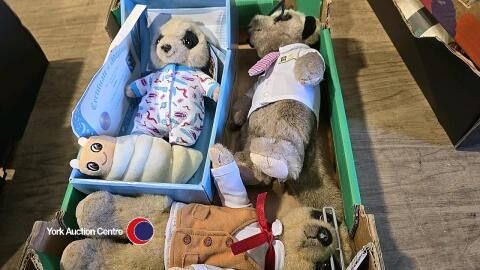 3 meerkat soft toys; Baby Oleg with adoption certificate and grub, boxed. Sergi and Yakov.