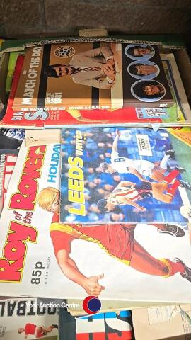 2 Boxes of Football Memorabilia cards and coins inc vintage comics etc