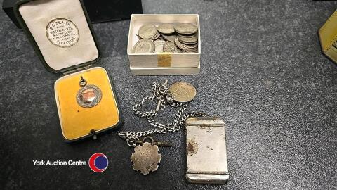 Fob chain with 2 x silver medals plus 1 other, silver medal boxed and Vesta case & pre 1947 silver coins