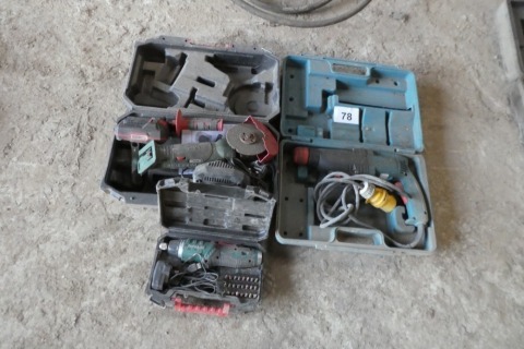 Cordless grinder, 110v Makita drill and Parkside electric screwdriver