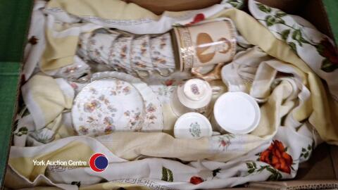 Box of tableware inc Dresden tea service, Coalport dish and Royal commemorative china