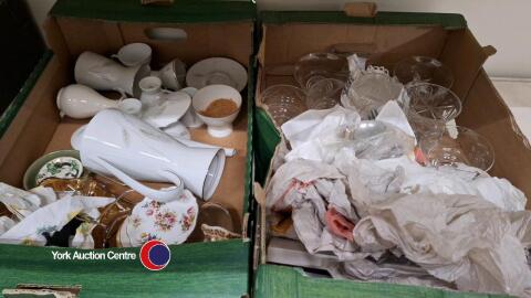 2 Boxes inc Silver plate /stainless steel cutlery, crystal and china inc and china inc Denby, Spode and masons