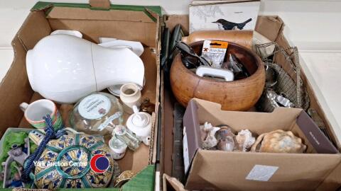 2 |boxes of bric a brac inc decorative shells and watches