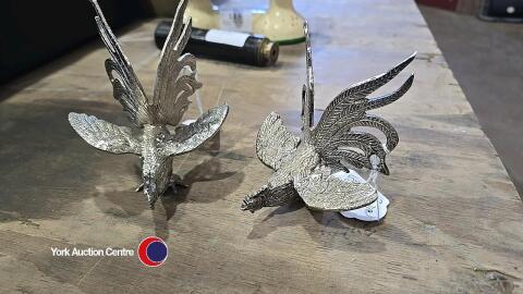 Pair of Silver plated fighting Cockerels