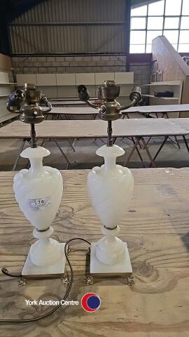 Pair of tall large onyx/marble table lamps