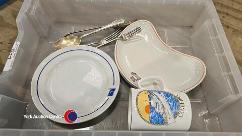 Tray of merchant shipping ephemera, crockery and cutlery