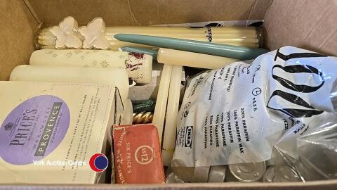 Box of assorted candles and 100 tea lights