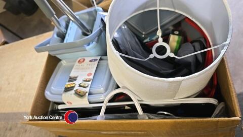 Box of household items including mop and bucket