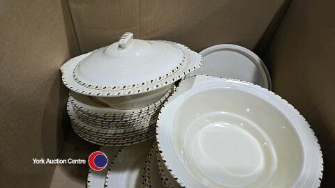 Crown Ducal A.G.R cream; 2 tureens with lids, 6 small plates, 6 medium plates, 6 large plates, 6 soup bowls, 1 small serving plate, 1 large serving plate.