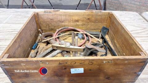 Large vintage wooden hinged box containing various tools