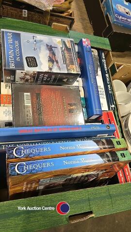 Crate of books and DVD's with historical theme