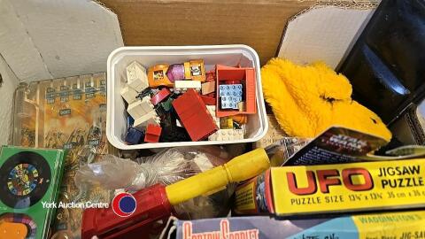 Box of vintage toys and games