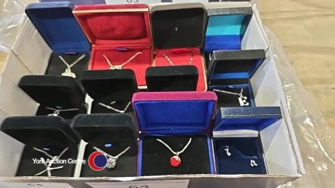 Box of 12 boxed pendants on chain most marked 925