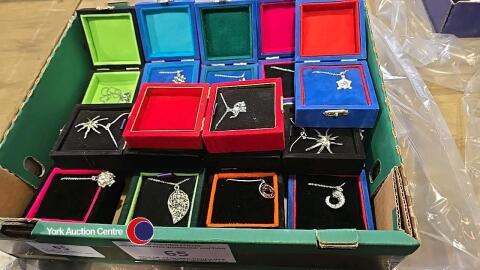 Box of 12 boxed pendants on chain most marked 925