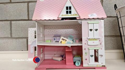 Pink/white wooden dolls house plus contents